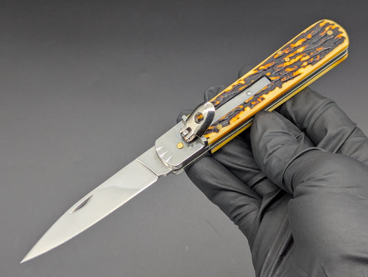 FAUX STAG 7.5" LEVERLOCK SWITCHBLADE KNIFE