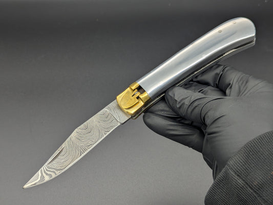 9" DAMASCUS & ALUMINUM AUTOMATIC LEVERLOCK SWITCHBLADE KNIFE