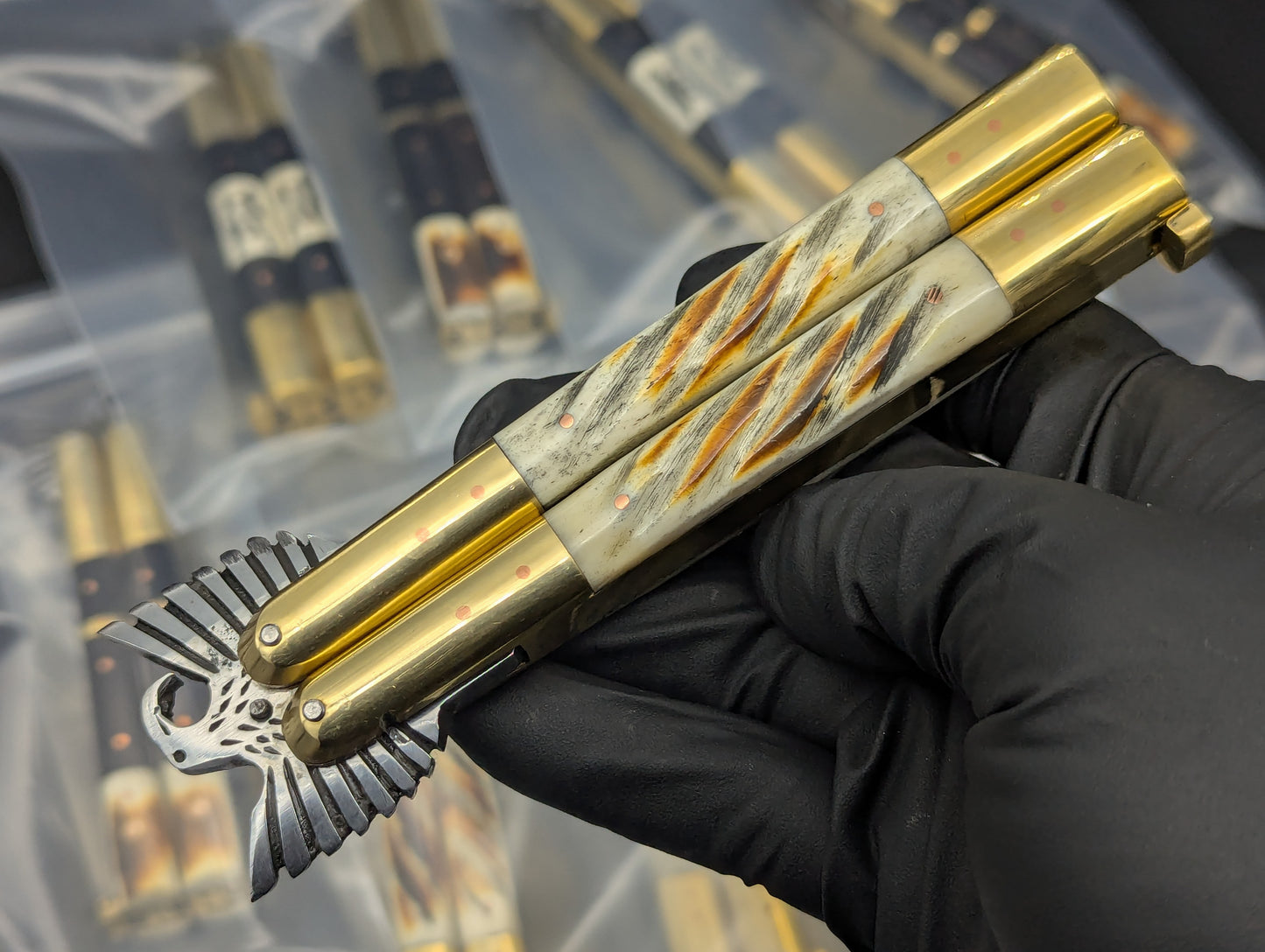 8.7" FHM EAGLE TANG BALISONG BRASS TWISTED BONE