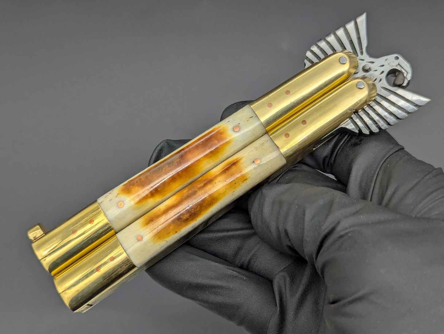 8.7" BURNT BONE RAMBO FHM BALISONG KNIFE EAGLE TANG