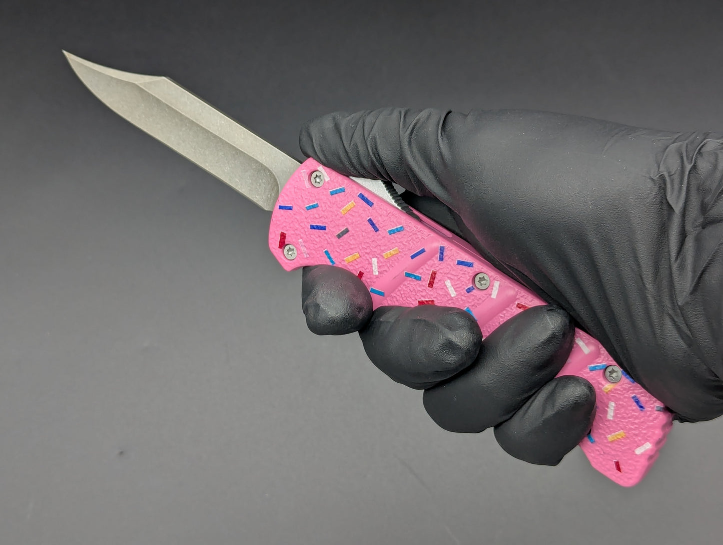 PINK SPRINKLED DONUT CLIP POINT D/A OTF KNIFE