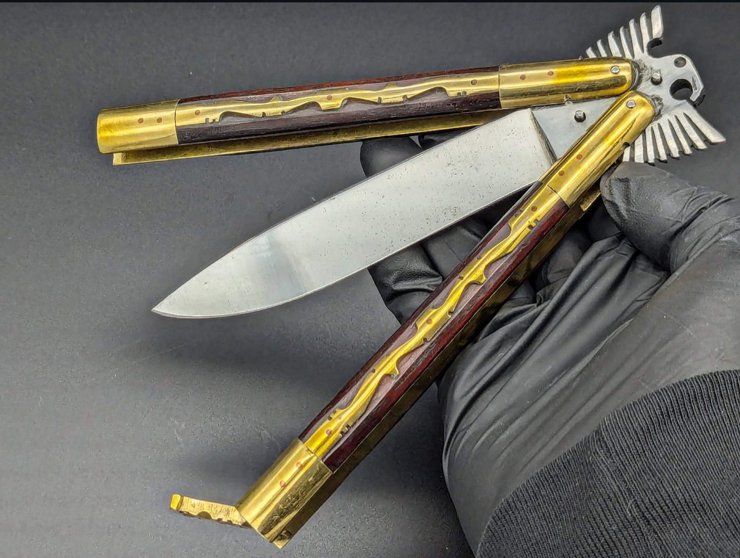 11" FHM KALUPKOP EAGLE WOOD & BRASS DROP POINT BALISONG