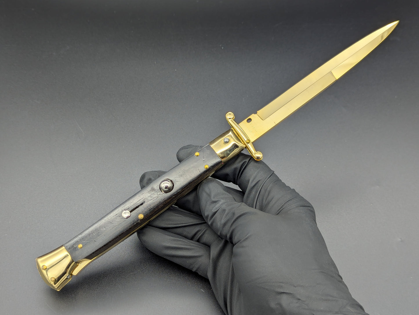 24K GOLD 11" FRANK BELTRAME EBONY WOOD SWINGUARD SWITCHBLADE KNIFE