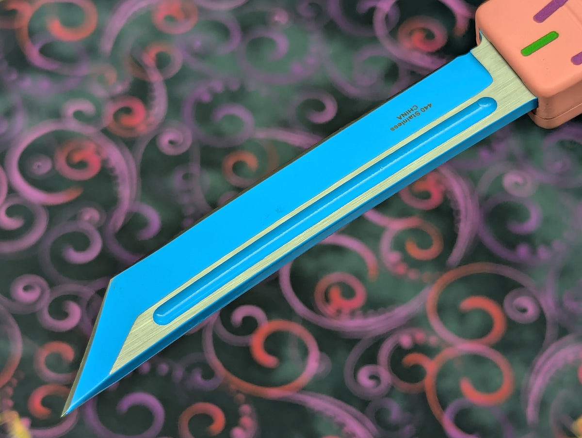 9" CURVED BLUE TANTO PINK SPRINKLE D/A OTF KNIFE