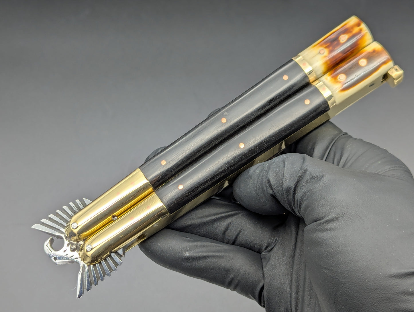 11.25" CARVED EAGLE 2-TONE SCALE BRASS FHM BALISONG MANILA BLADE