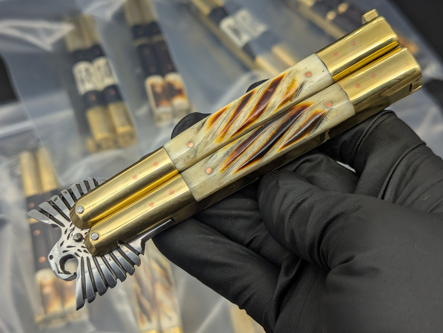 8.7" FHM EAGLE TANG BALISONG BRASS TWISTED BONE