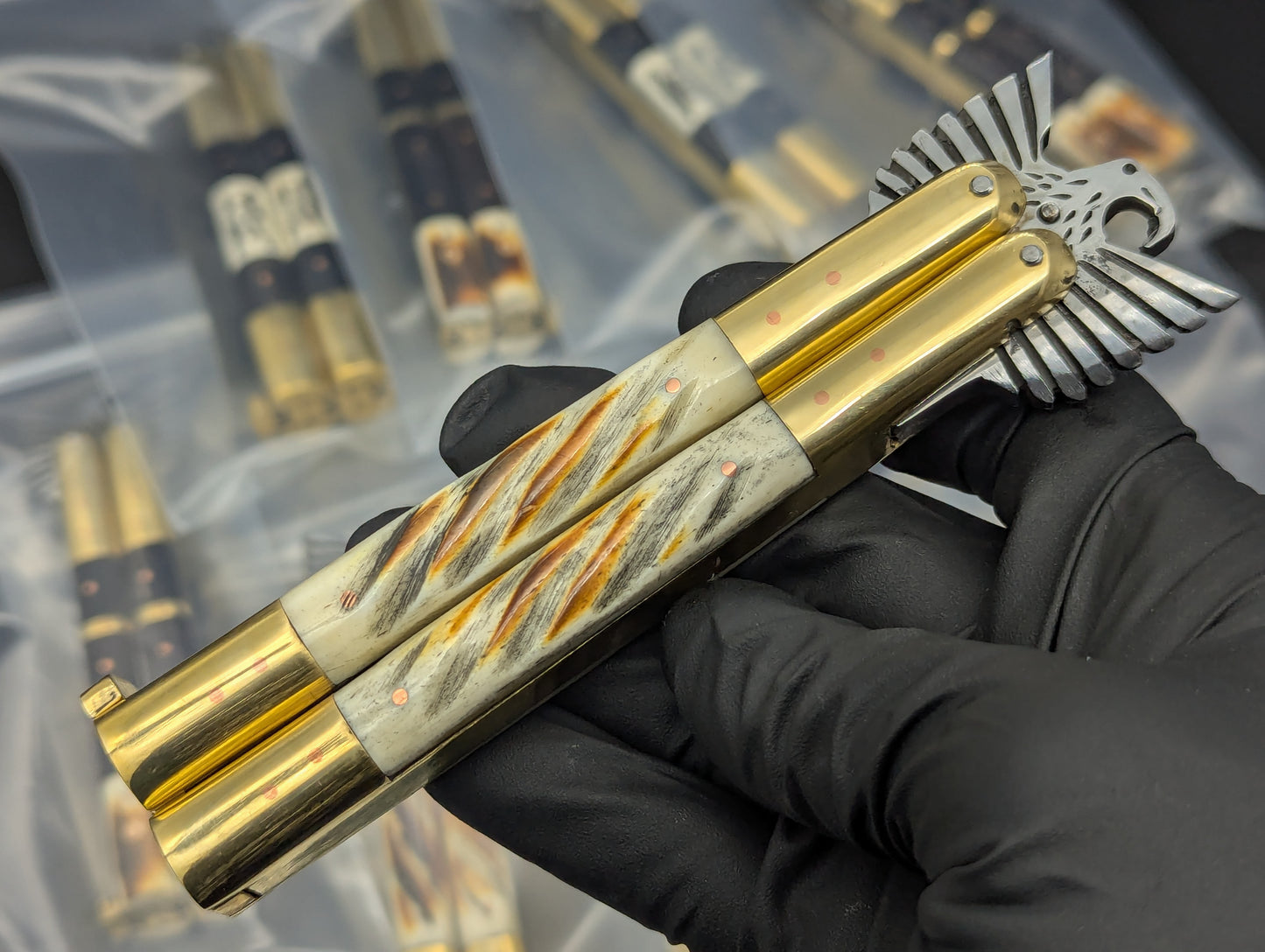 8.7" FHM EAGLE TANG BALISONG BRASS TWISTED BONE