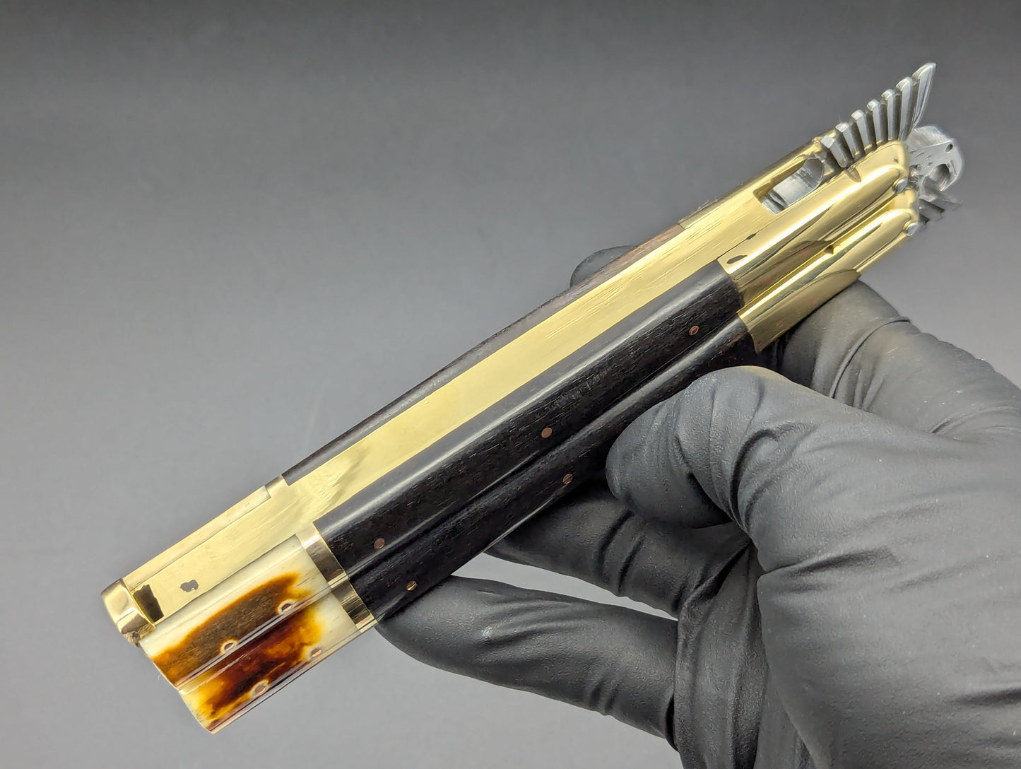 11.25" CARVED EAGLE 2-TONE SCALE BRASS FHM BALISONG MANILA BLADE