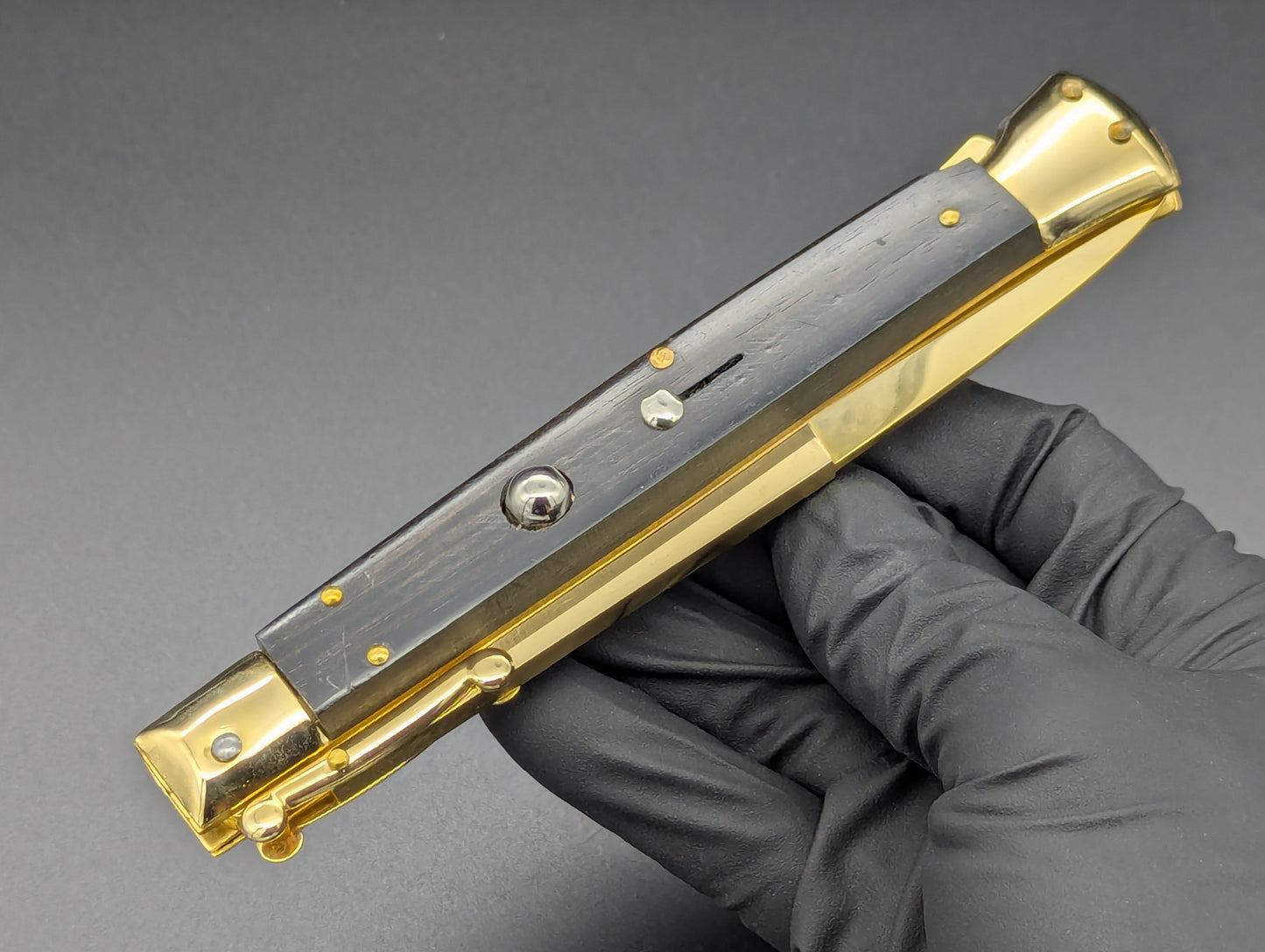 24K GOLD 11" FRANK BELTRAME EBONY WOOD SWINGUARD SWITCHBLADE KNIFE