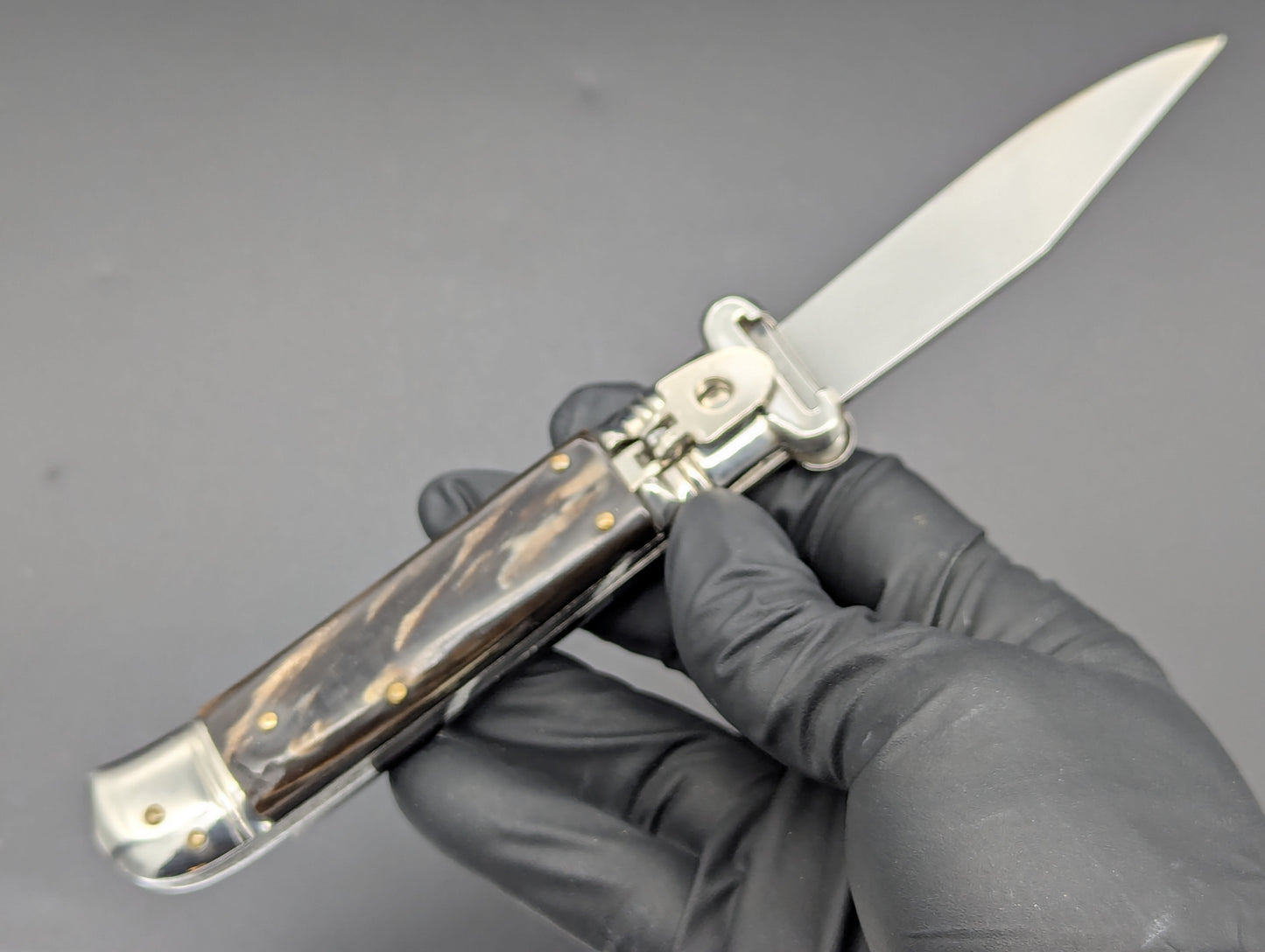 VINTAGE BUFFALO HORN ITALIAN SHELL PULLER SWITCHBLADE KNIFE