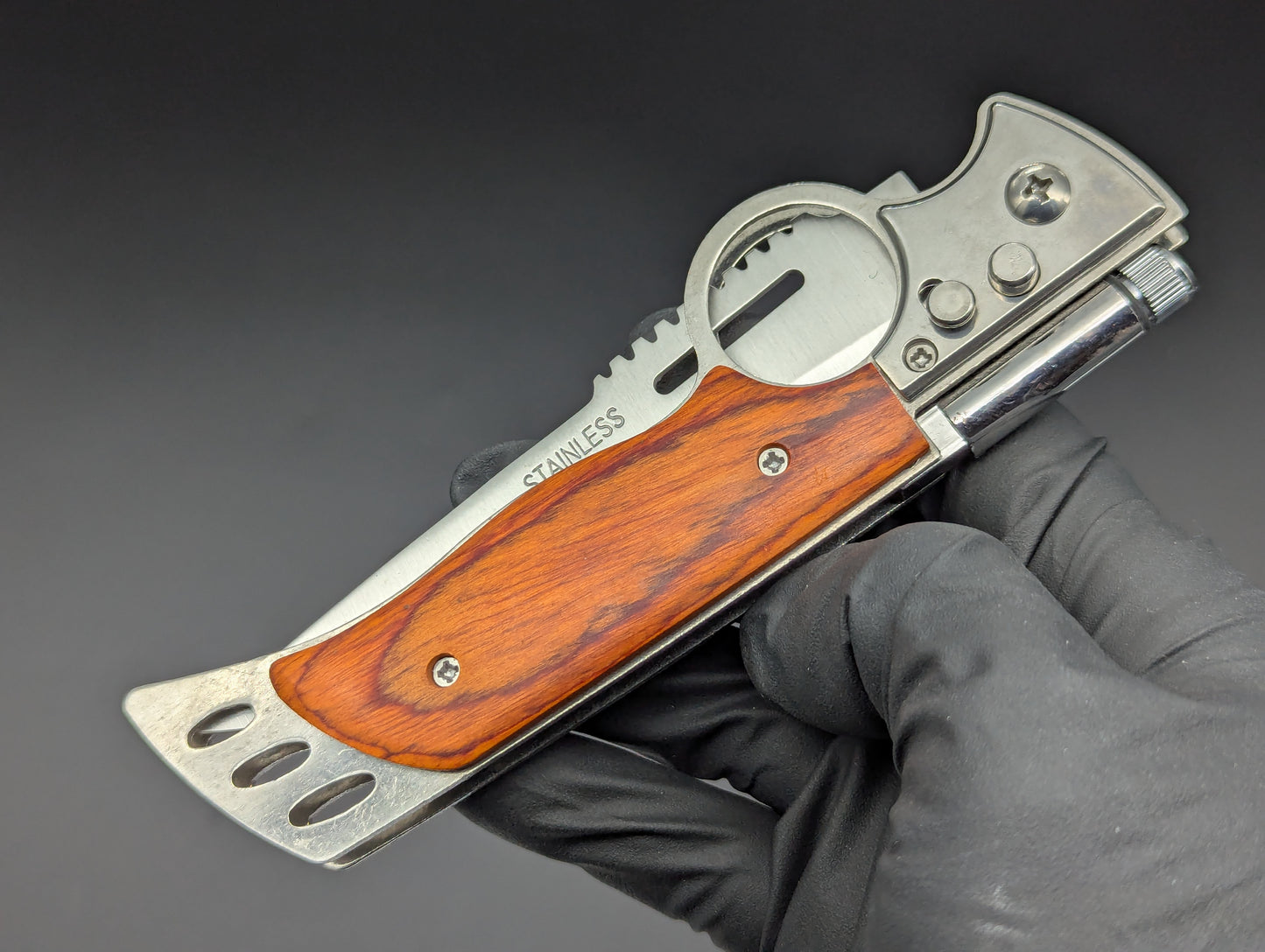 10" CIGAR CUTTER ROSEWOOD SWITCHBLADE KNIFE w/ LIGHT
