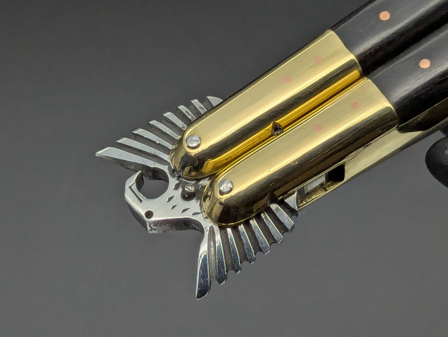 11.25" CARVED EAGLE 2-TONE SCALE BRASS FHM BALISONG MANILA BLADE