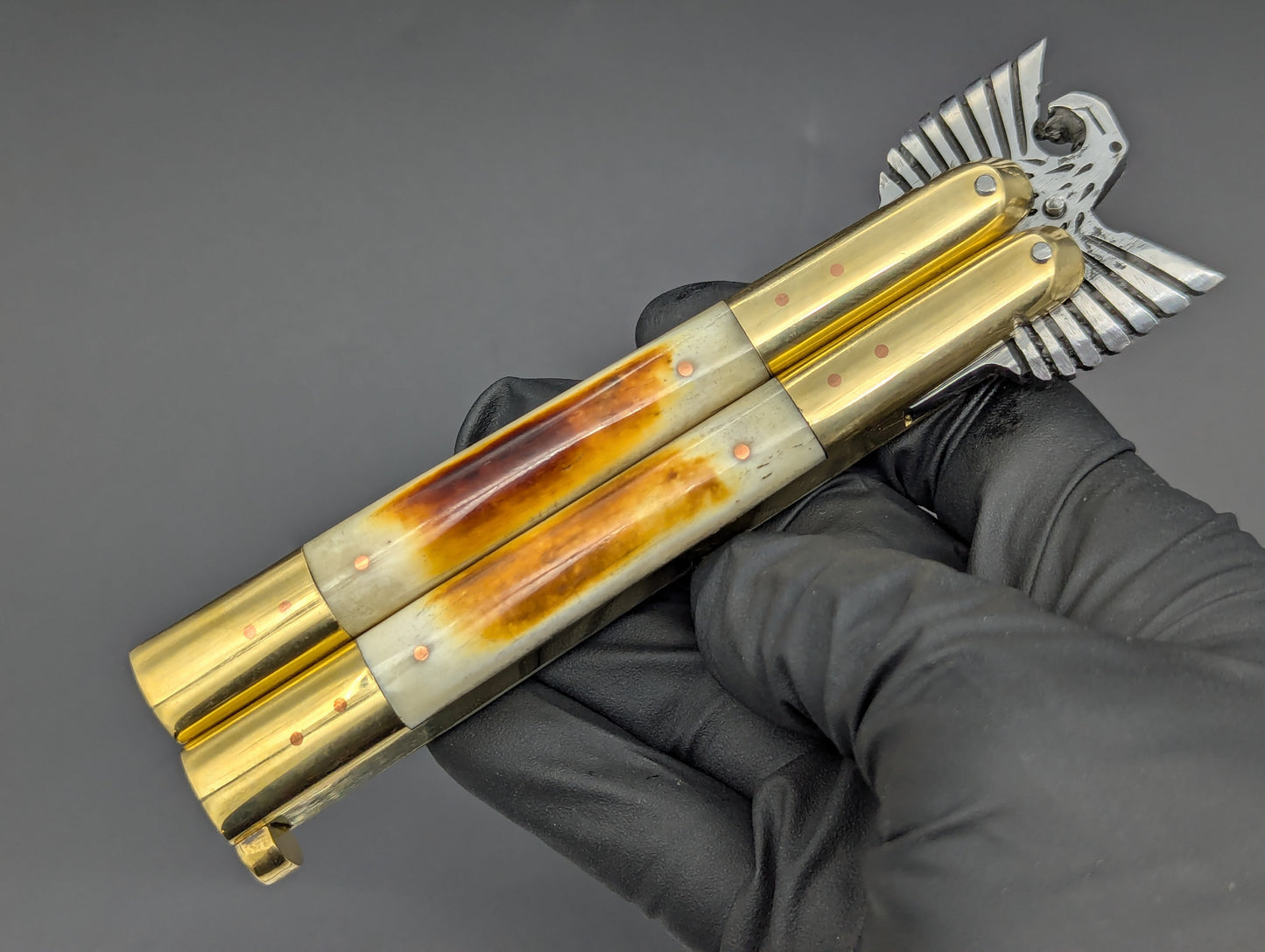 8.7" BURNT BONE RAMBO FHM BALISONG KNIFE EAGLE TANG