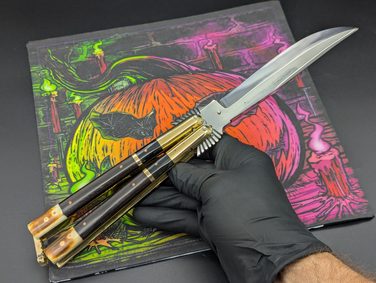11.25" Dark Wood Carved Eagle FHM Clip Point Balisong