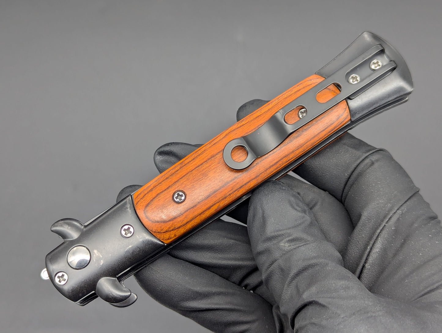 TACTICAL RED WOOD DIABLO MILANO SWITCHBLADE KNIFE