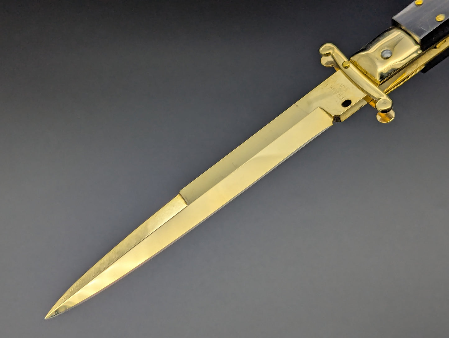 24K GOLD 11" FRANK BELTRAME EBONY WOOD SWINGUARD SWITCHBLADE KNIFE