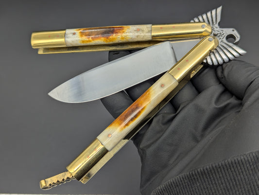 8.7" BURNT BONE EAGLE TANG STRAIGHT BLADE FHM BALISONG 1