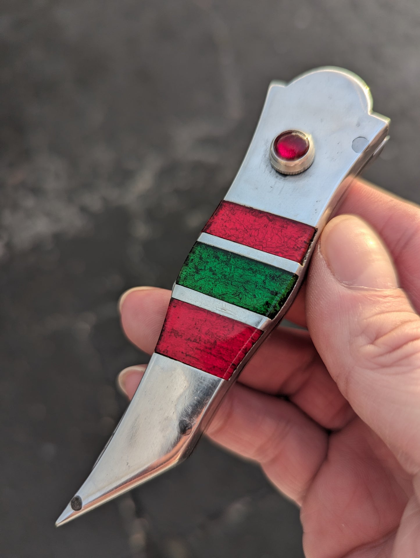 Vintage Russian Prison Switchblade Knife Red & Green Jeweled