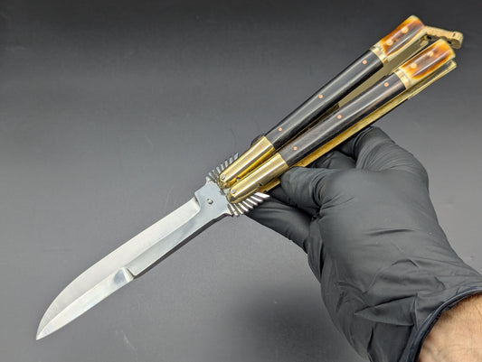 11.25" CARVED EAGLE 2-TONE SCALE BRASS FHM BALISONG MANILA BLADE