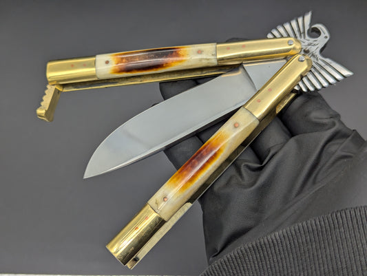 8.7" BURNT BONE EAGLE TANG STRAIGHT BLADE FHM BALISONG 1