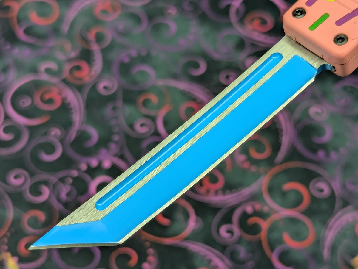9" CURVED BLUE TANTO PINK SPRINKLE D/A OTF KNIFE