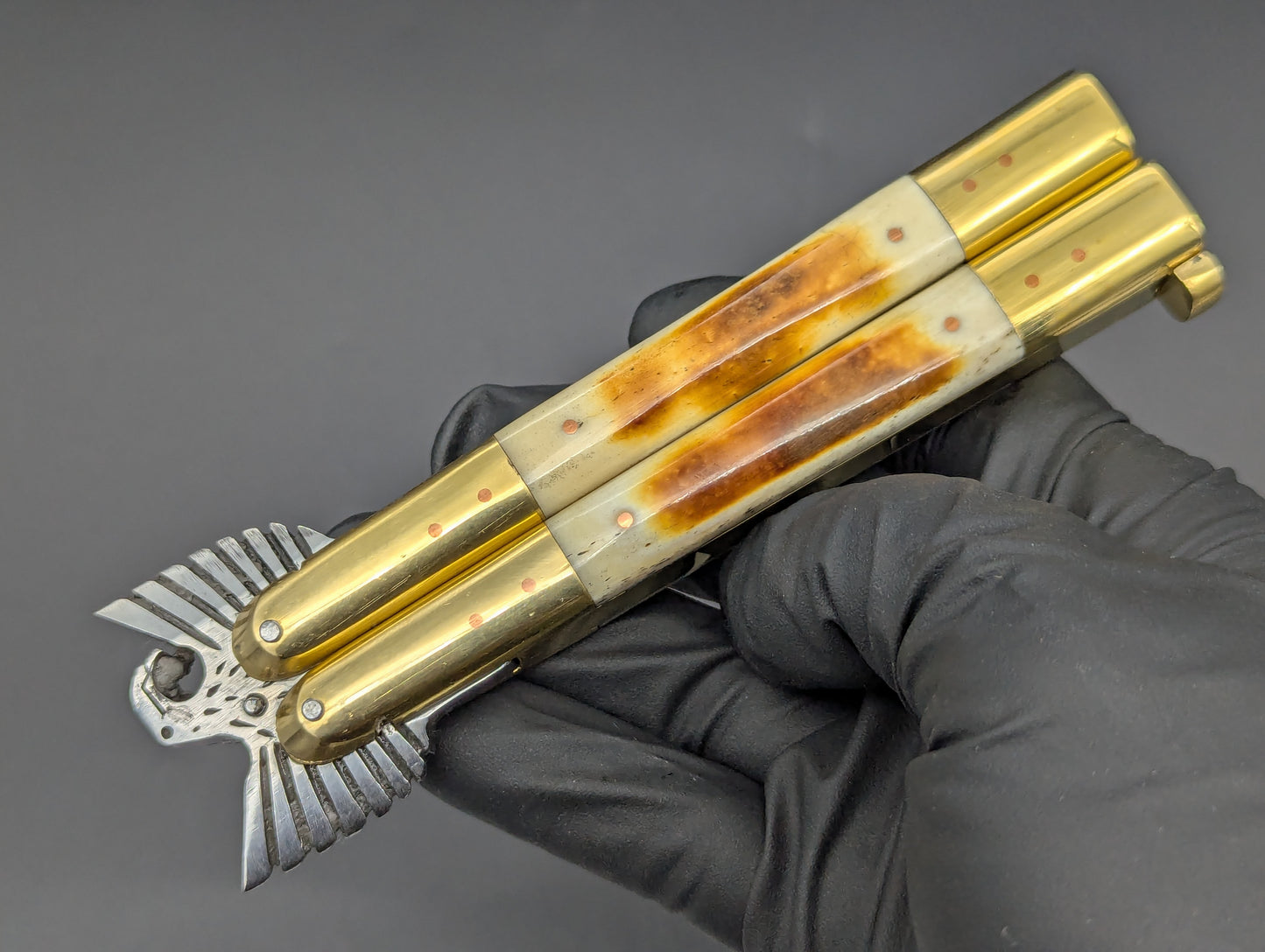 8.7" BURNT BONE RAMBO FHM BALISONG KNIFE EAGLE TANG