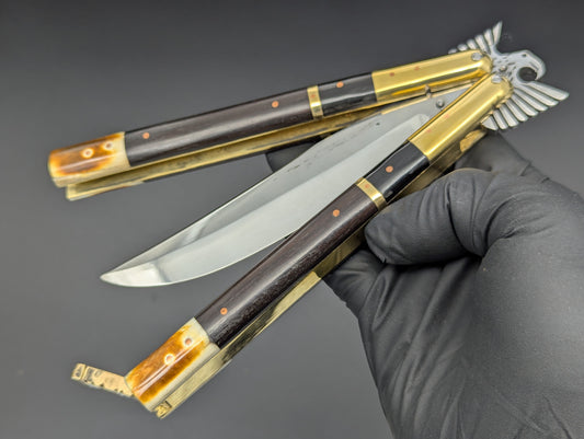 11.25" Dark Wood Carved Eagle FHM Clip Point Balisong