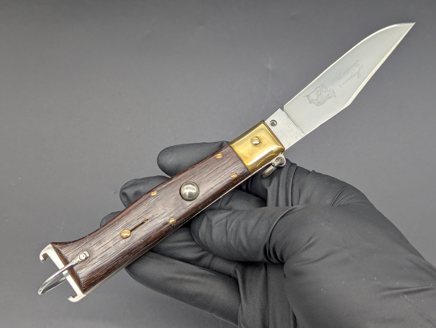 8" JAGUAR ITALIAN SHELL PULLER HUNTING KNIFE WOOD & BRASS