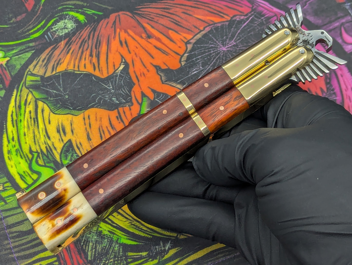 Solid Red Wood Carved Eagle FHM Balisong Clip Point