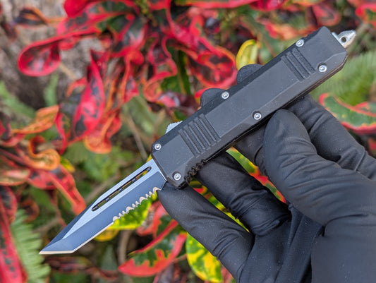 7" Black Mini Tanto Serrated D/A OTF Knife