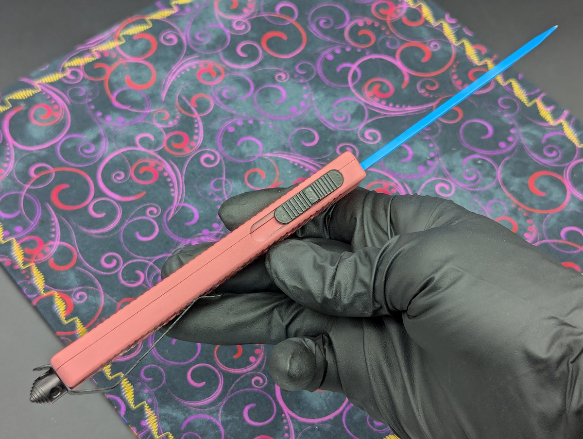 9" CURVED BLUE TANTO PINK SPRINKLE D/A OTF KNIFE