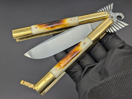 22cm PHILIPPINES HANDMADE EAGLE TANG BALISONG KNIFE BURNT BONE 2