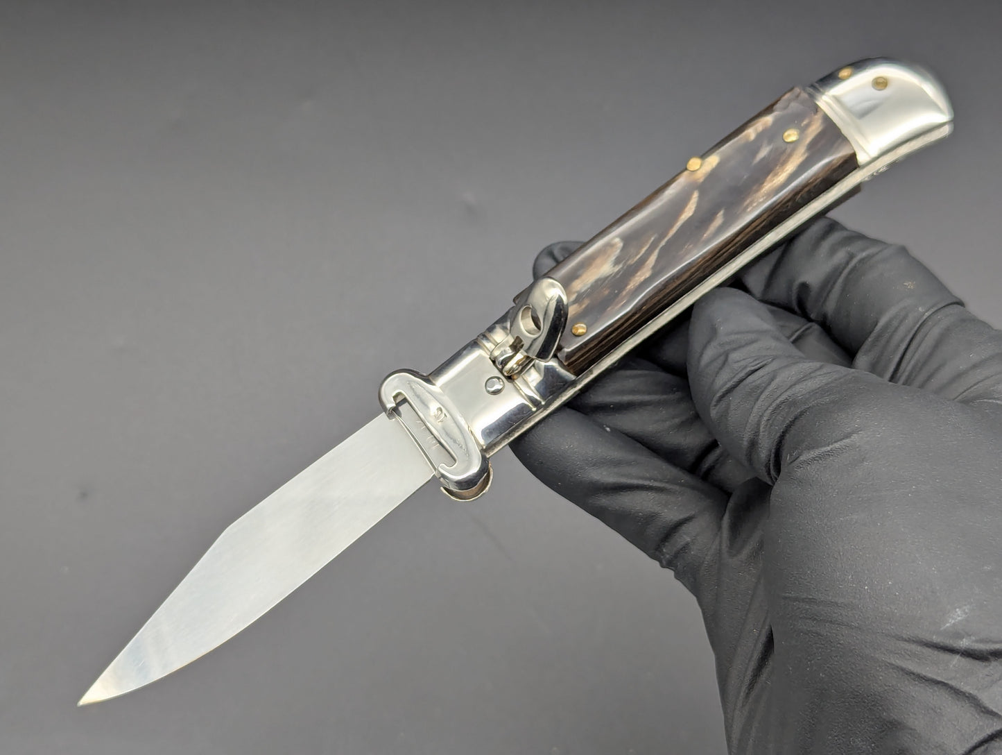 VINTAGE BUFFALO HORN ITALIAN SHELL PULLER SWITCHBLADE KNIFE