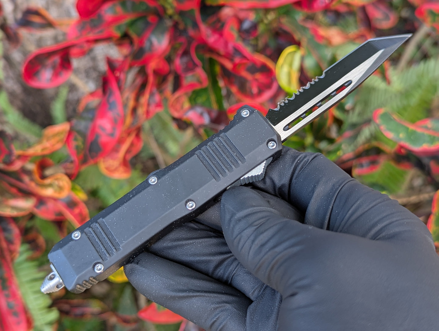 7" Black Mini Tanto Serrated D/A OTF Knife