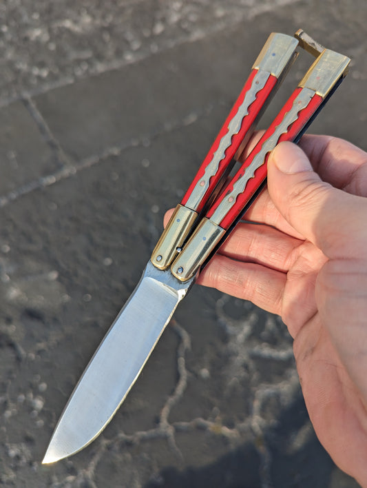 9.5" FHM KALUPKOP RED & BRASS BALISONG DROP POINT