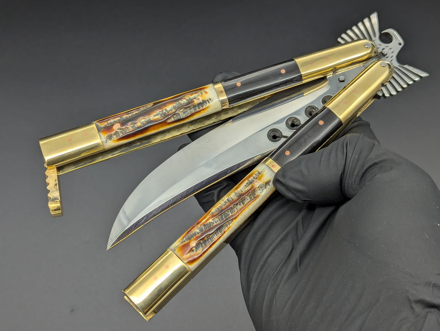 29CM RAMBO EAGLE TANG BRASS DEER HORN FHM BALISONG