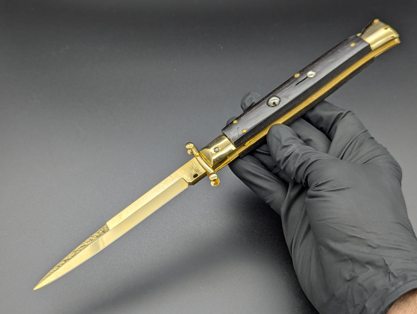 24K GOLD 11" FRANK BELTRAME EBONY WOOD SWINGUARD SWITCHBLADE KNIFE