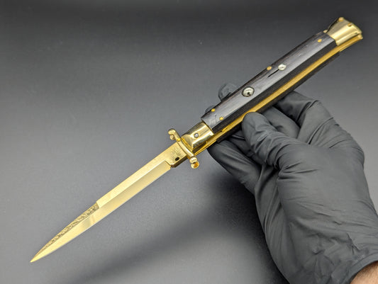 24K GOLD 11" FRANK BELTRAME EBONY WOOD SWINGUARD SWITCHBLADE KNIFE