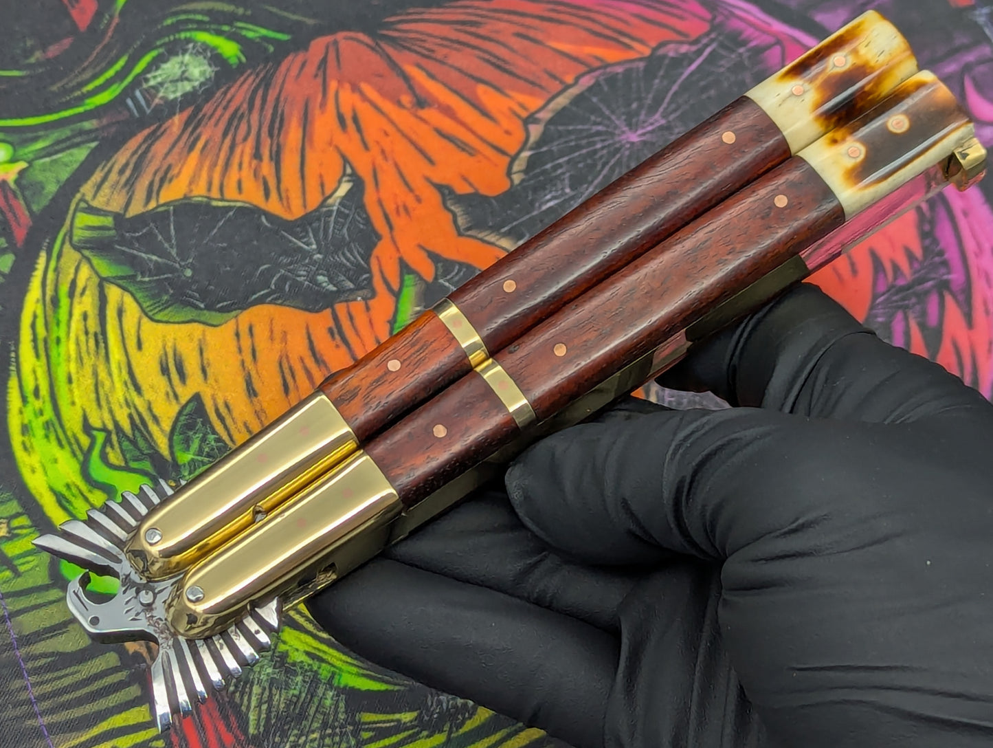 Solid Red Wood Carved Eagle FHM Balisong Clip Point