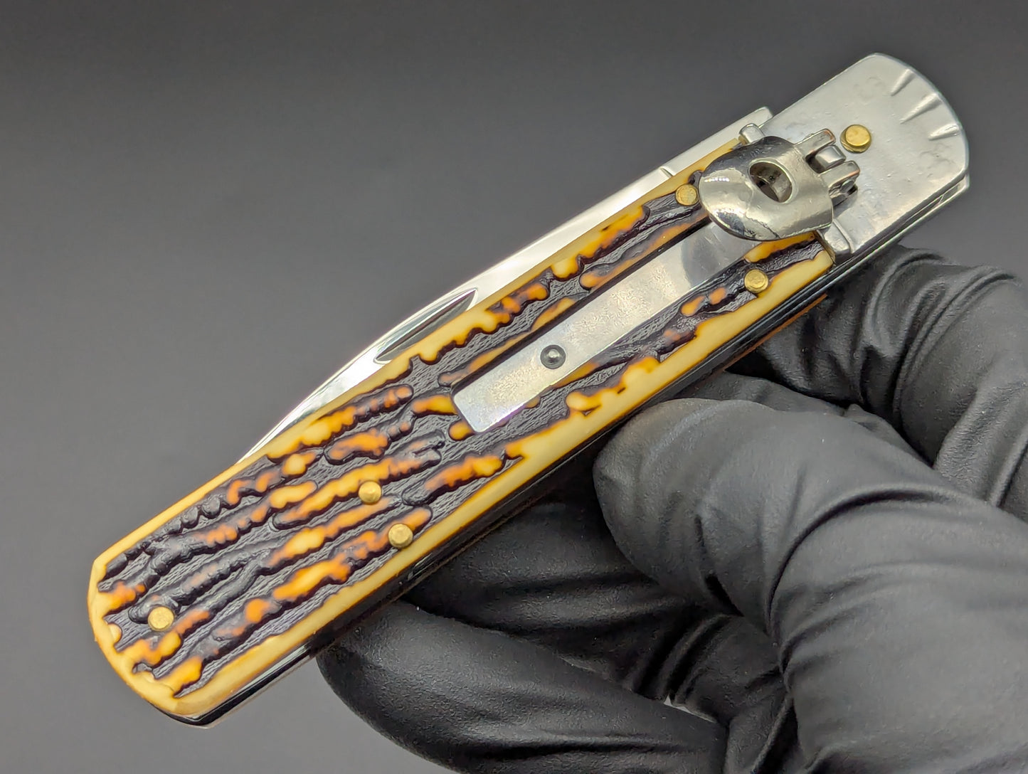 FAUX STAG 7.5" LEVERLOCK SWITCHBLADE KNIFE