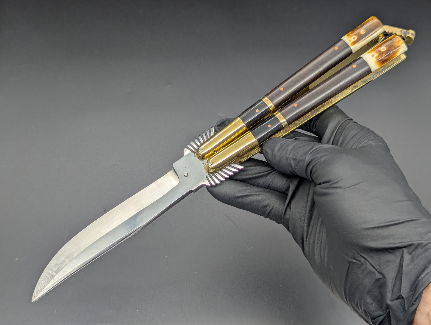 11.25" Dark Wood Carved Eagle FHM Clip Point Balisong