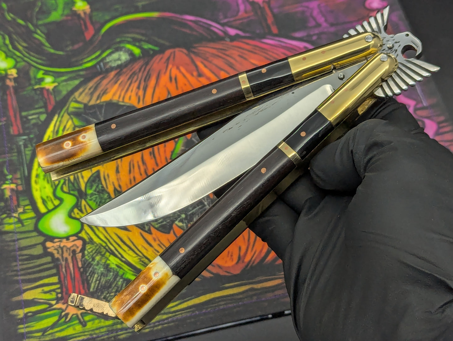 11.25" Dark Wood Carved Eagle FHM Clip Point Balisong