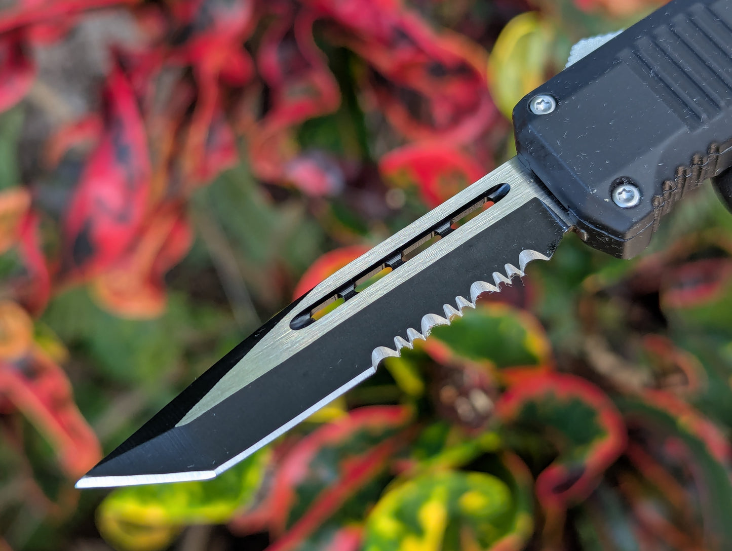 7" Black Mini Tanto Serrated D/A OTF Knife