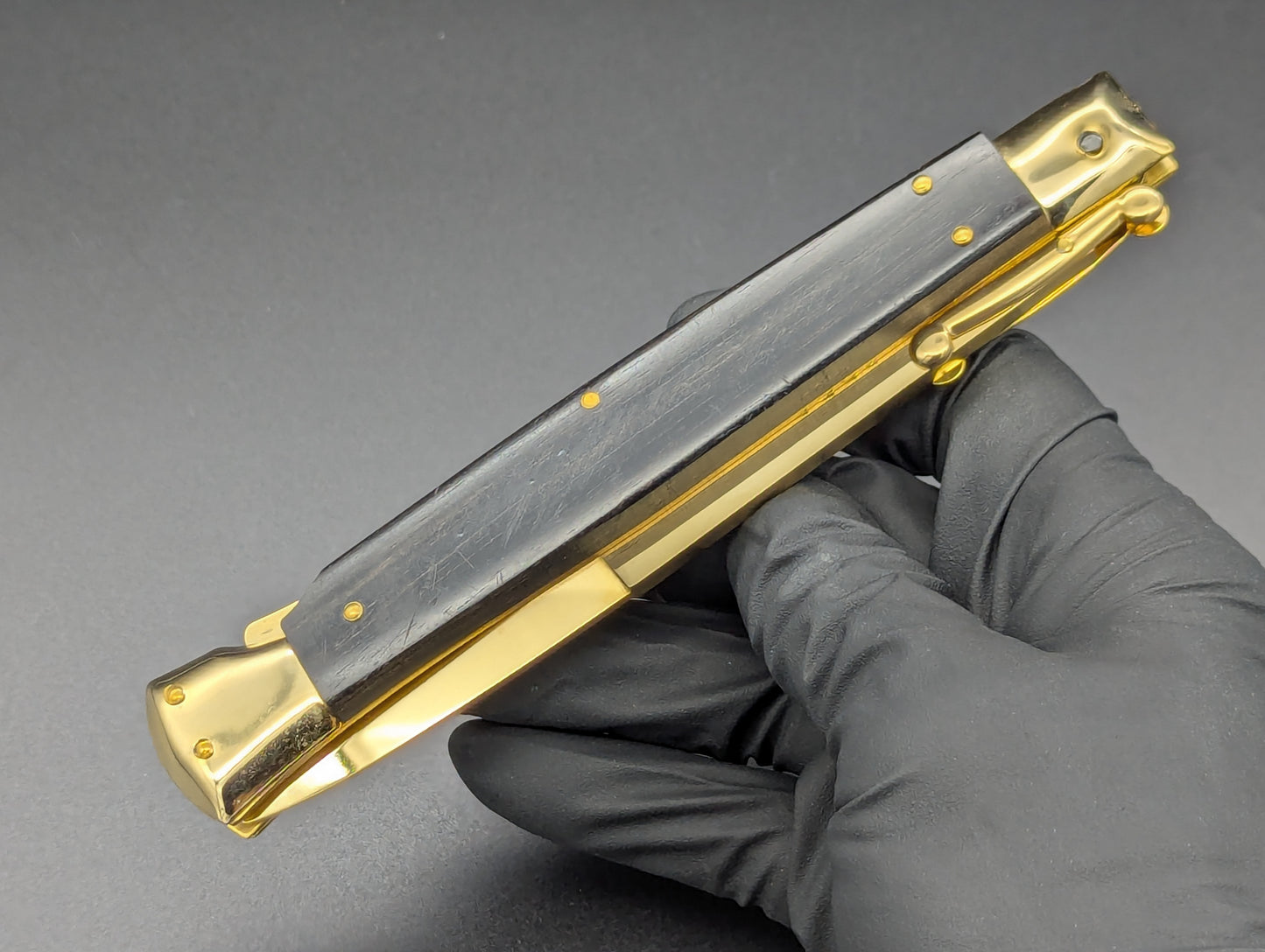 24K GOLD 11" FRANK BELTRAME EBONY WOOD SWINGUARD SWITCHBLADE KNIFE