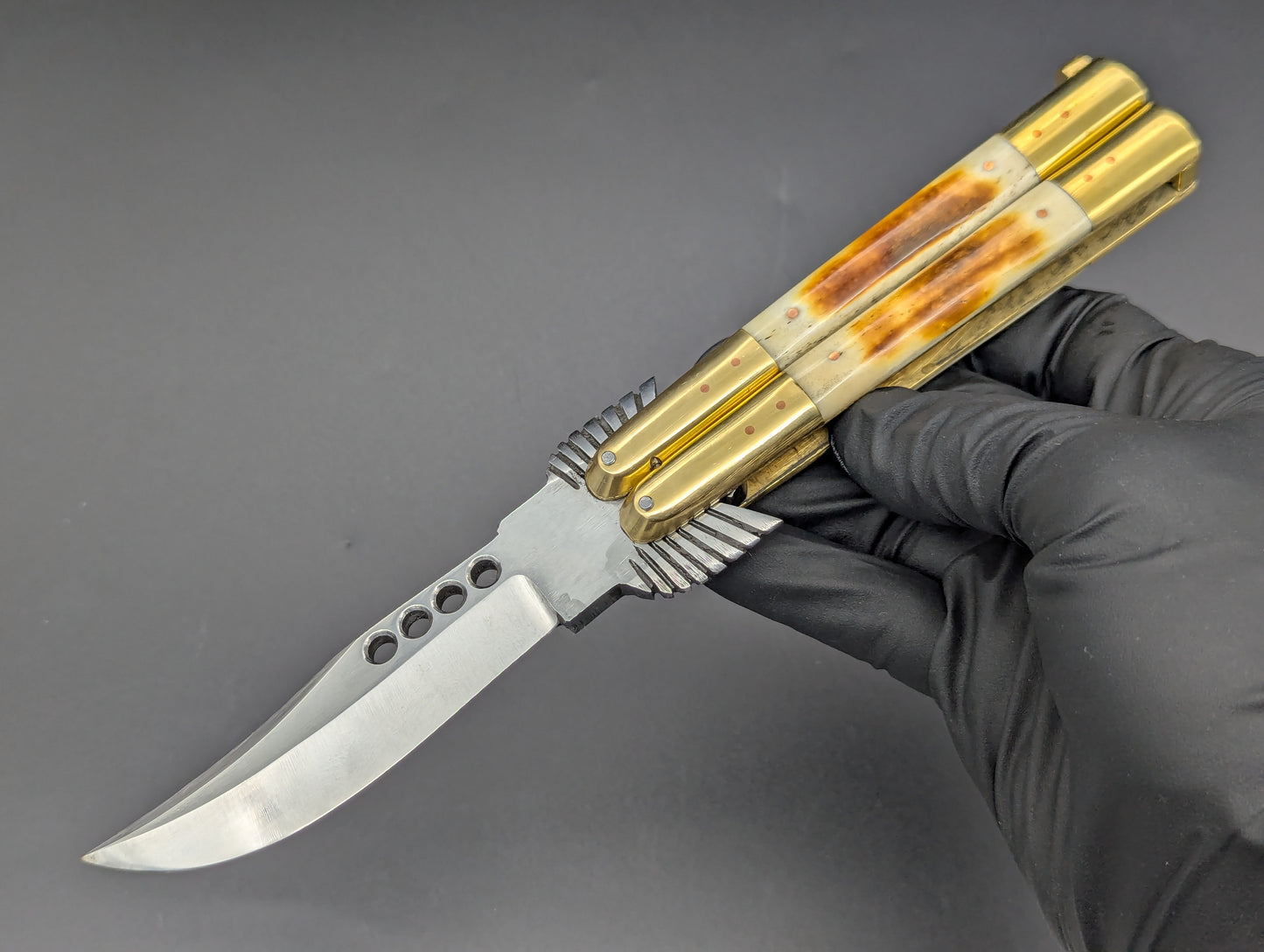 8.7" BURNT BONE RAMBO FHM BALISONG KNIFE EAGLE TANG