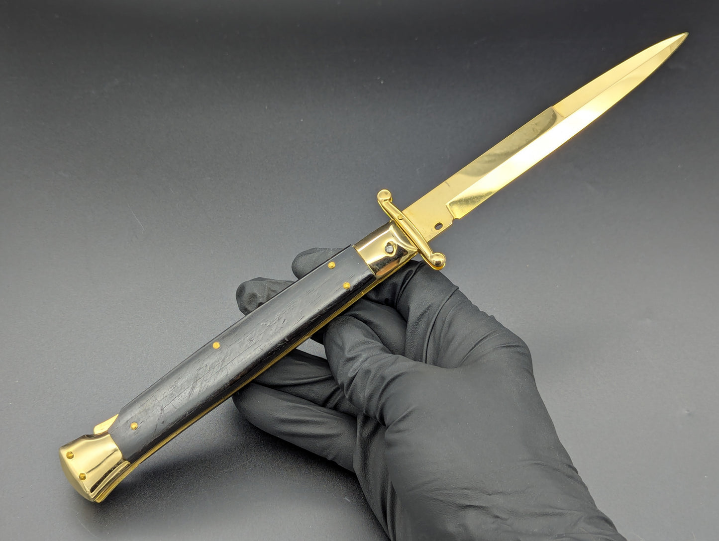 24K GOLD 11" FRANK BELTRAME EBONY WOOD SWINGUARD SWITCHBLADE KNIFE