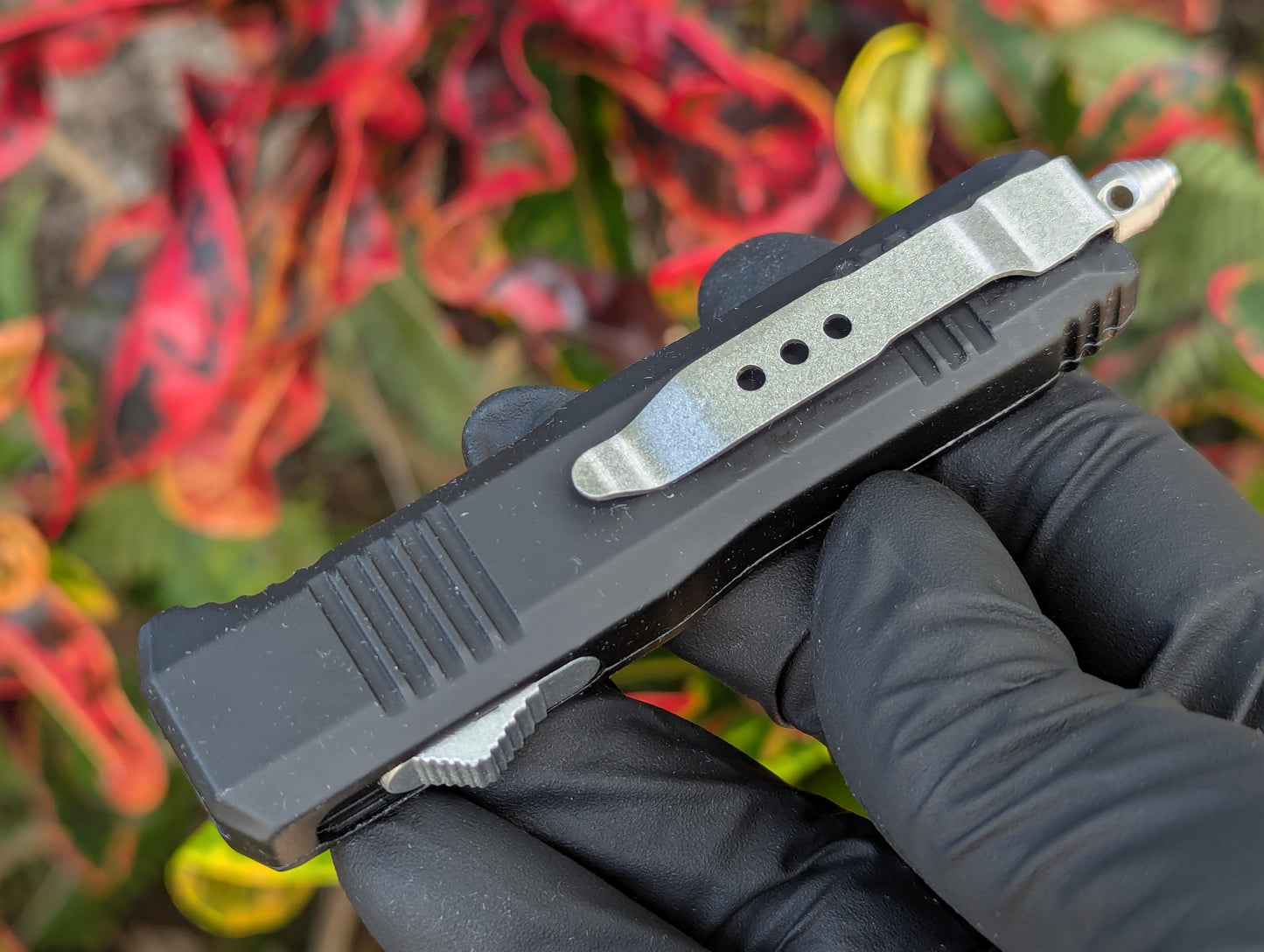 7" Black Mini Tanto Serrated D/A OTF Knife