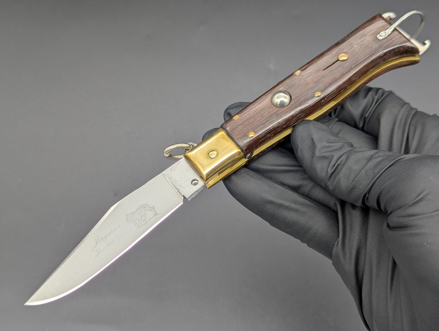 8" JAGUAR ITALIAN SHELL PULLER HUNTING KNIFE WOOD & BRASS