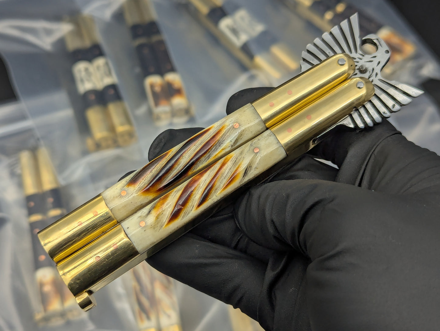 8.7" FHM EAGLE TANG BALISONG BRASS TWISTED BONE