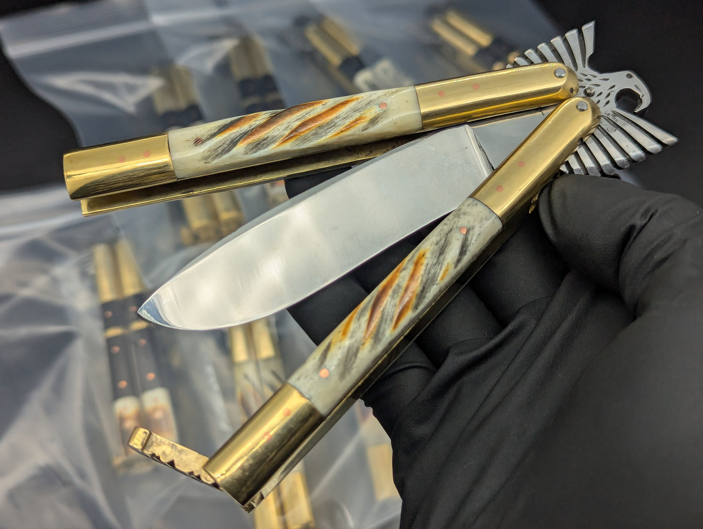 8.7" FHM EAGLE TANG BALISONG BRASS TWISTED BONE